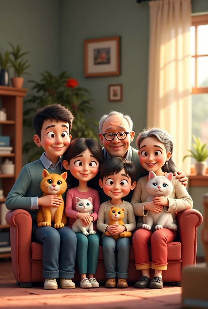 A family of 7 people. 2 grandparents with few gray hairs and few wrinkles, They have 4 children, the 40 year old son, 30 year old daughter, 25 year old son and 19 year old daughter. A 4 year old granddaughter. With two black cats and an orange cat