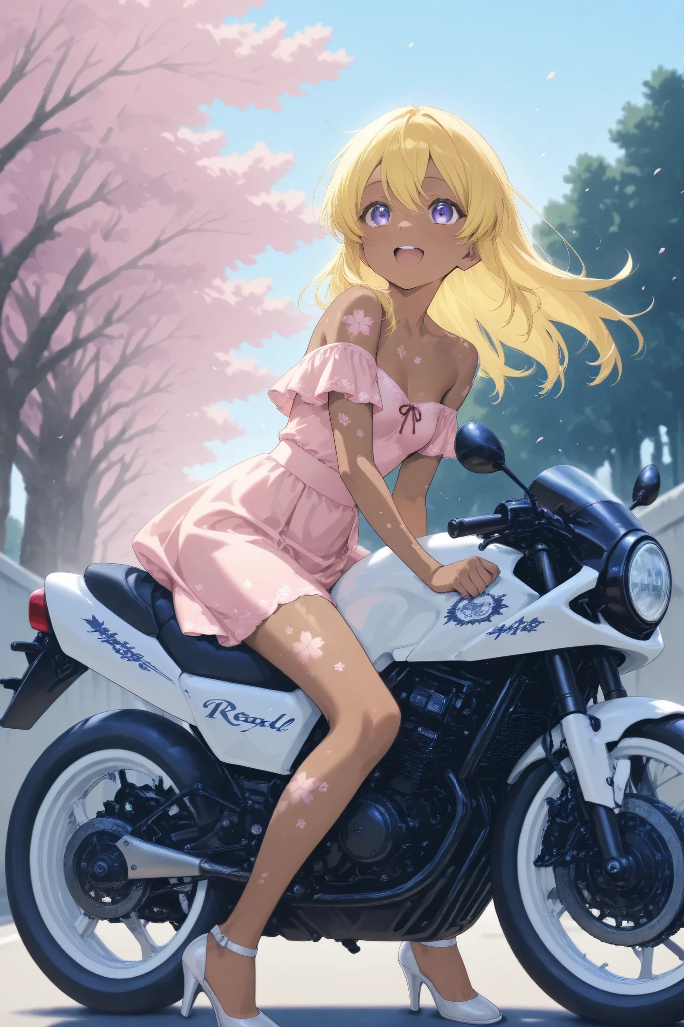 A high school girl is riding a motorcycle ,cherry blossom embroidery off-the-shoulder、 brown skin , small breasts, video, yellow hair , Invitation , top quality, textured skin, Read more 、 high heels、 MOVIE LIGHT EFFECT,