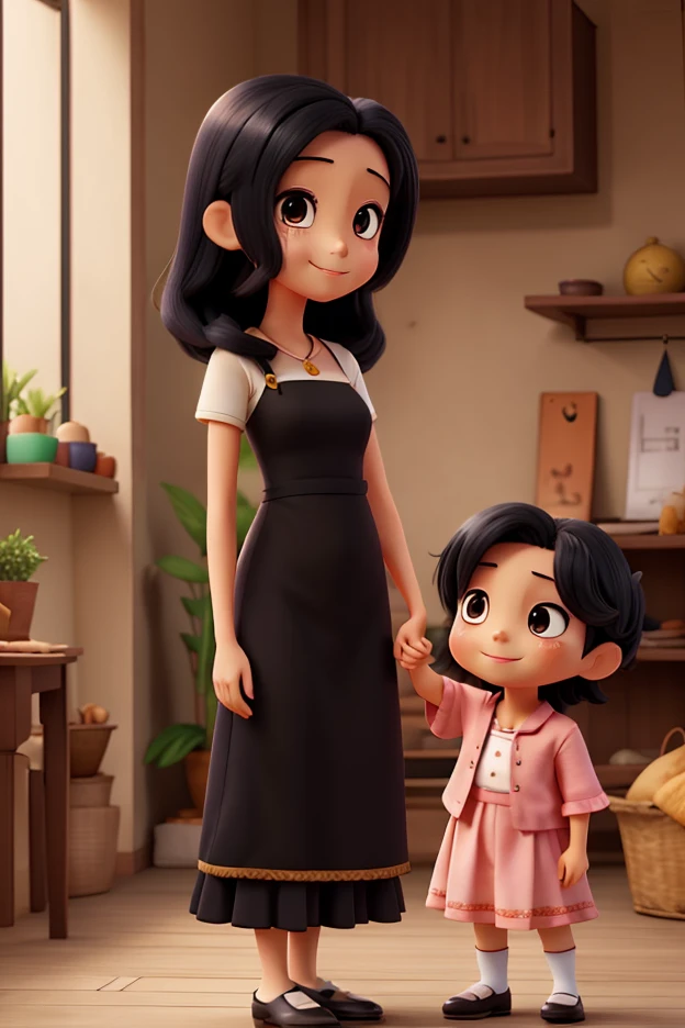 back view, 1 girl and her mother going for a walk, English girl , arms back, 3/4 shot, long black  hair, white  clothes, English mother 35 years old, long black  hair, white  shirt