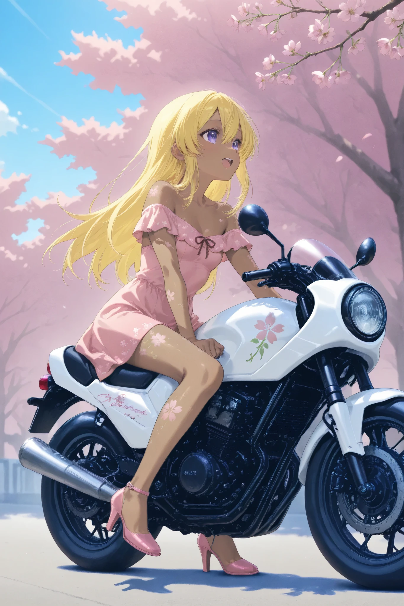 A high school girl is riding a motorcycle ,cherry blossom embroidery off-the-shoulder、 brown skin , small breasts, video, yellow hair , Invitation , top quality, textured skin, Read more 、 high heels、 MOVIE LIGHT EFFECT,