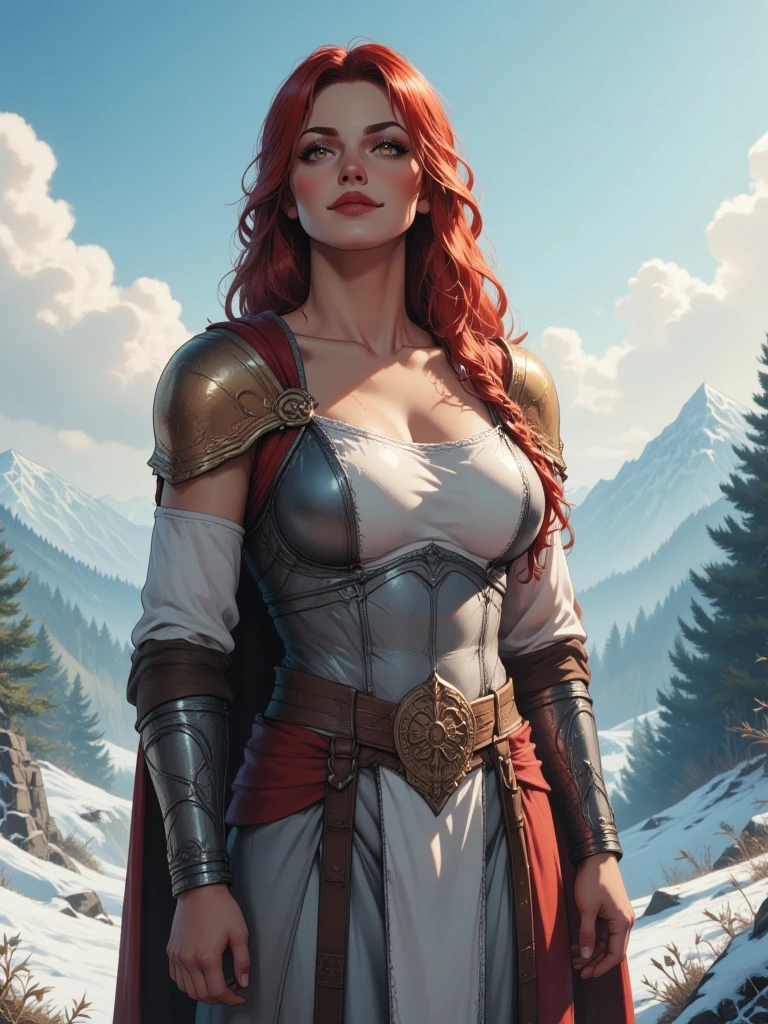 a beautiful woman with bright red hair wearing a fur cape and viking armor, standing alone in a realistic portrait with depth of field, high quality 4k 8k ultra-detailed photorealistic studio lighting, ultra-fine painting, physically-based rendering, extreme detail, professional, vivid colors, bokeh