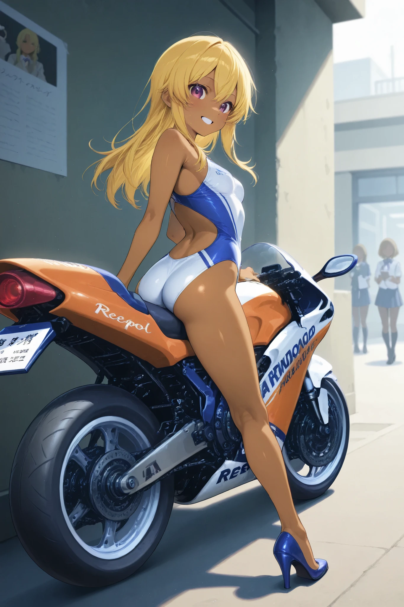 A high school girl is riding a Honda  　repsol   　 MotoGP  ,  brown skin , small breasts, video,    yellow hair   ,  Invitation , top quality,  textured skin,   Read more 、 high heels、 MOVIE LIGHT EFFECT, 