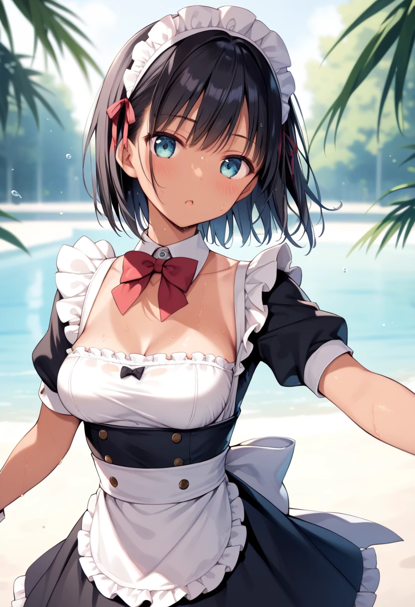 best quality, masterpiece, (独奏:1.2), (1 Female:1.2)、Age 25、Larger breasts、(Slender figure)、(Maid Style:1.2)、(Maid Bikini:1.2)、(Cleaning up by the pool:1.3)、(Poolside cleaning)、from side、(Thighs)、(White highlight in pupil:1.2)、(Dark blue eyes)、(Black-haired:1.2)、(short hair)、(Look at the audience:1.2)、(Brown Skin:1.3)、(Dark Skin:1.3)、(blush)、(A shy smile)、(Blur the background to make the woman stand out:1.3)