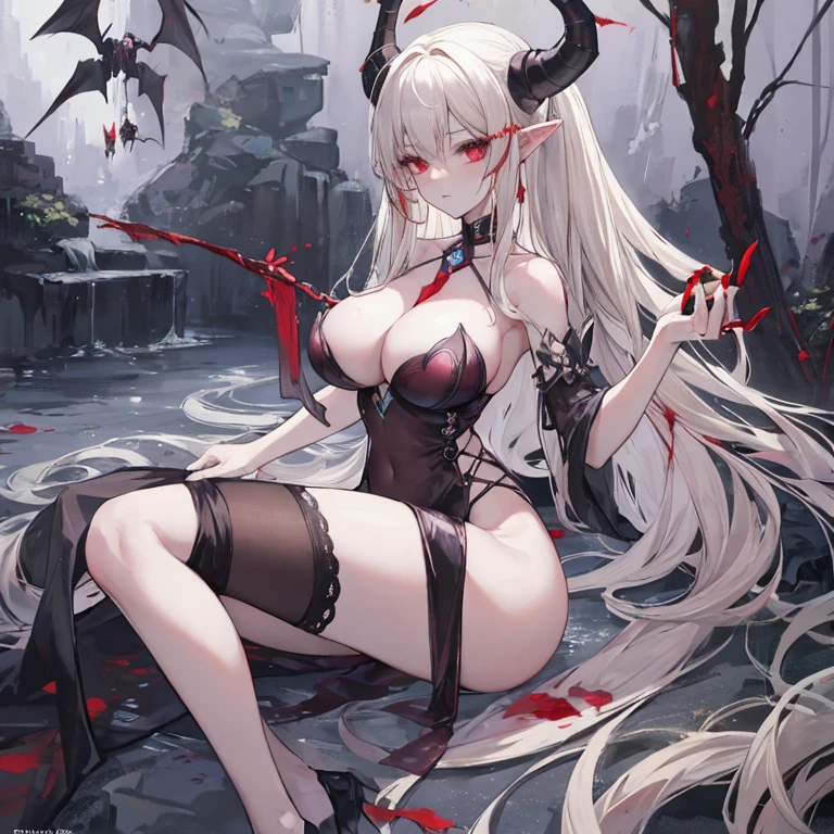 Fulll body Shot,sportrait,the only person,A beautyful girl,Hair over the shoulder,succubi,Happy,pointy ears,goat horn,high-heels,put your hand to your mouth,Cross one hand at waist,Whitish skin tone,bow tie,比基尼,grinning smile,Magic pupil,a garter belt,demons,demons翅膀,Bat wings grow on its back,Crop topping,Sexy dress up,underdressing