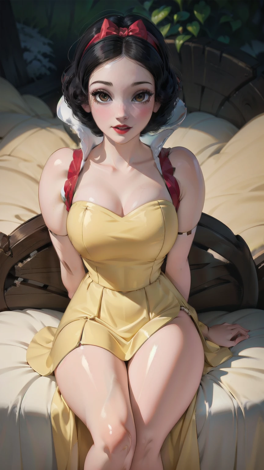 ((1 girl)), Masterpiece, (high quality, best render), (beautiful girl, snow white), (bomb, pin-up style), hot, floss, perfect body, araffed snow white in a yellow dress with a red bow, sexy snow white, portrait of snow white, pale snow white skin, 4k hd. snow white hair, disney princess, beautiful female princess, anime princess, hd artwork, official art, disney cartoon, beautiful princess, forrest background, long thin legs, large breasts, sexy pose, vibrant colors