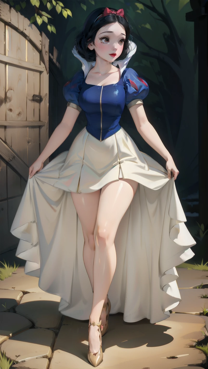 ((1 girl)), Masterpiece, (high quality, best render), (beautiful girl, snow white), (bomb, pin-up style), hot, floss, perfect body, araffed snow white in a yellow dress with a red bow, sexy snow white, portrait of snow white, pale snow white skin, 4k hd. snow white hair, disney princess, beautiful female princess, anime princess, hd artwork, official art, disney cartoon, beautiful princess, forrest background, long thin legs, large breasts, sexy pose, vibrant colors