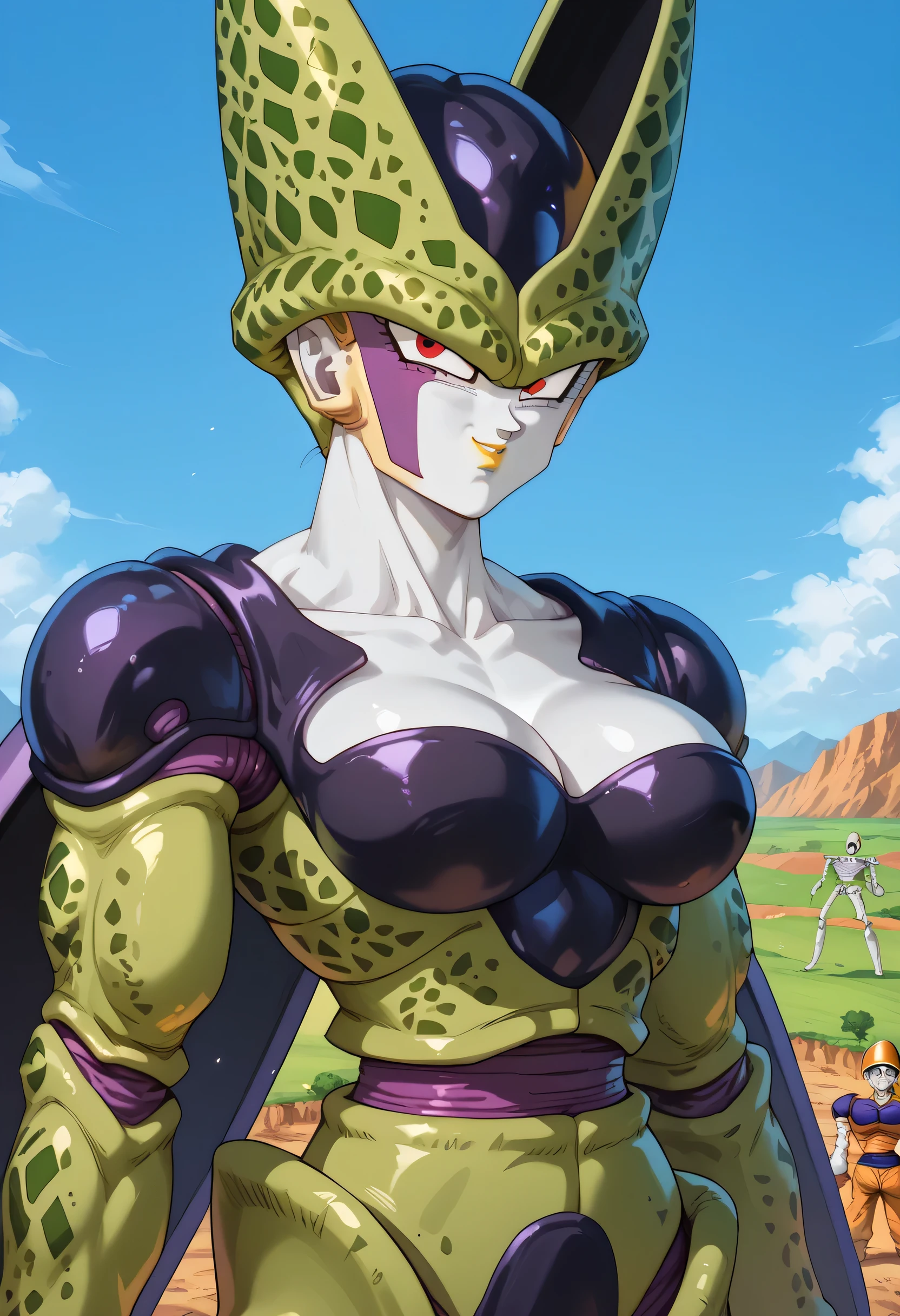 woman, big breasts, anime style, yellow lipstick, looking at viewer, red eyes, thin waist, strong, white skin, skeleton exoskeleton with green spots, purple apples, black parts, wings, perfect female cell, cell, hairless, muscular, wide, heavy upper body, armored, shiny, huge shoulder pads, insectoid, top view, blue energy in palm, blue sky, field, open arms, fighter, Cell, Dragon Ball Z, Cell (Dragon Ball Z)