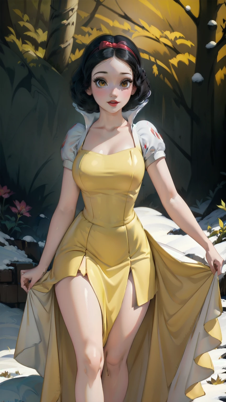 ((1 girl)), Masterpiece, (high quality, best render), (beautiful girl, snow white), (bomb, pin-up style), hot, floss, perfect body, araffed snow white in a yellow dress with a red bow, sexy snow white, portrait of snow white, pale snow white skin, 4k hd. snow white hair, disney princess, beautiful female princess, anime princess, hd artwork, official art, disney cartoon, beautiful princess, forrest background, long thin legs, large breasts, sexy pose, vibrant colors