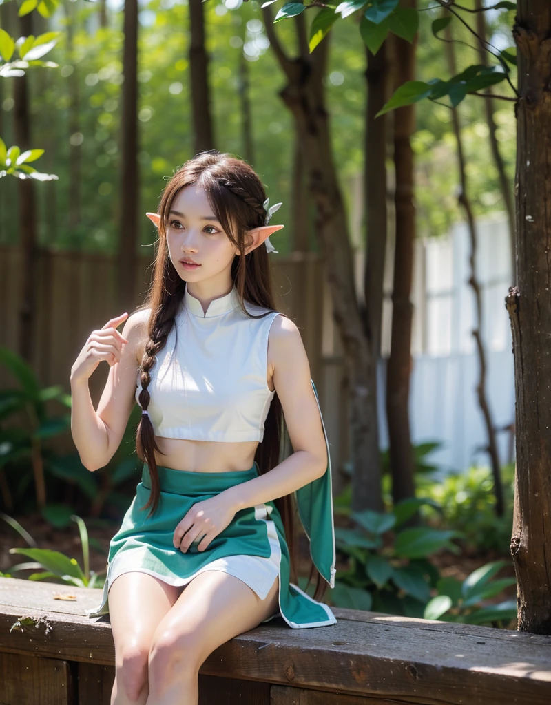 forest spirits of trees、 elf girl 、Long Silver Hair、carefully braided hairstyles on the sides、 Smooth Hair、 Elf's Pointed Ears、Eyes the color of the sea、Fair skin、Sleeveless elf clothes、white shorts and transparent miniskirt、greatest masterpiece、super image quality、Ultra High Resolution、16k、anatomically correct, accurate, has won numerous awards, highest quality, , textured skin,
