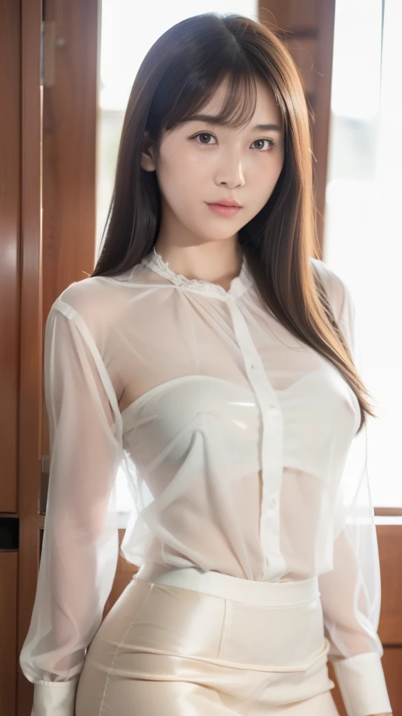 (masterpiece), (Highest quality), (Super detailed), One girl,Large shower room, White shirt,Wet,See-through,Big Breasts,Photorealistic,whole body