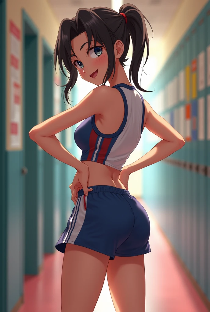 masterpiece, best quality, intricate, detailed, sharp, 1girl, solo, black hair, long hair, bangs, ponytail, sports bra, dolphin shorts, wedgie, from behind, ass, locker room, <lora:dolphin_shorts_v0.1:1>