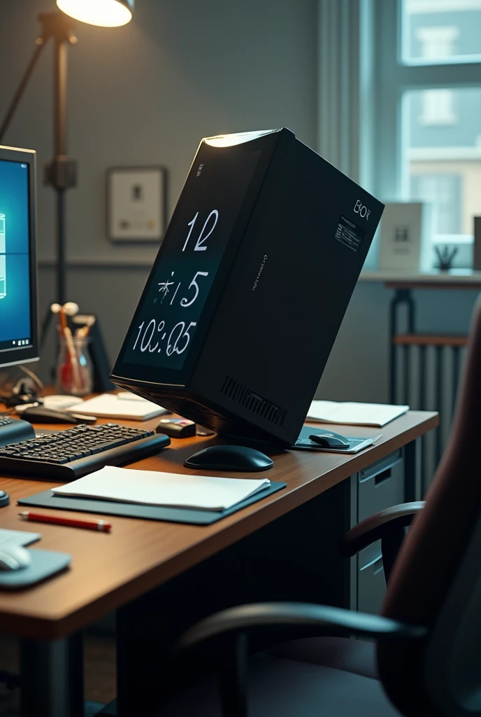 a realistic image of a desktop computer placed on a desk at the edge thus it may fall