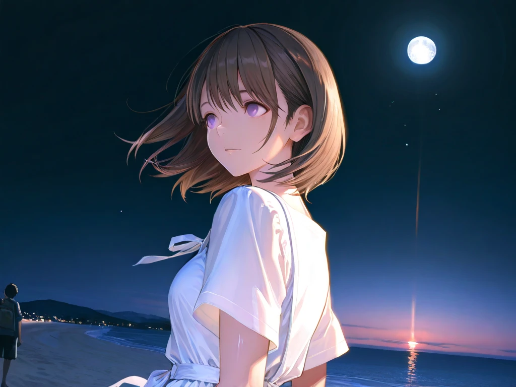 1girl, solo, flat chest, short hair, black hair, standing, gentle smile on her face((masterpiece, illustration, best quality), eyes closed, ((best quality)), ((masterpiece)), Girl on the water、Under the full moon、Night