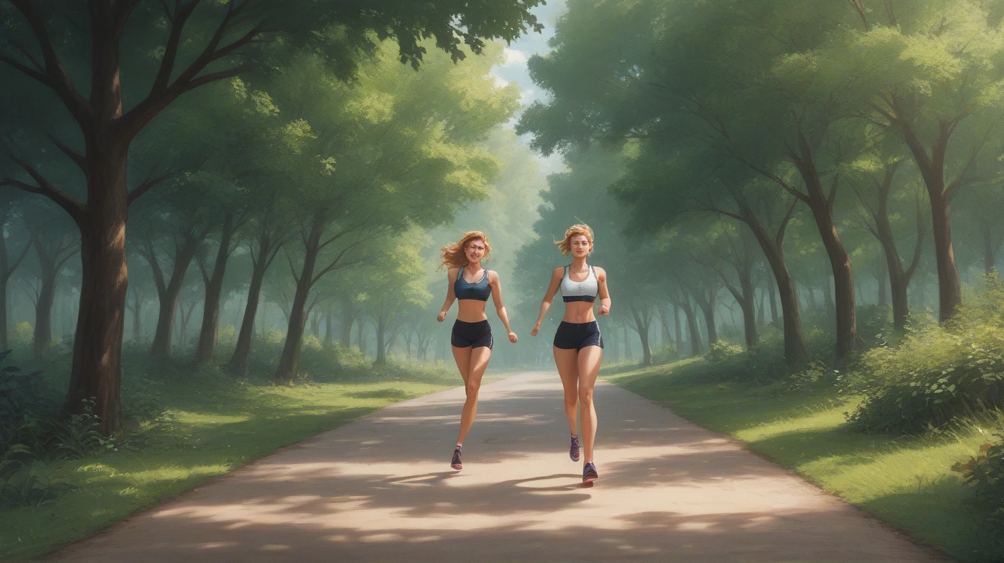 realistic hot model from holland, with red hair, in sweaty gym clothing, running sport trough a misty forrest with sunlight shining through the trees, whole body, full legs, natural, canon is 1.8 hd, real life image high res photo