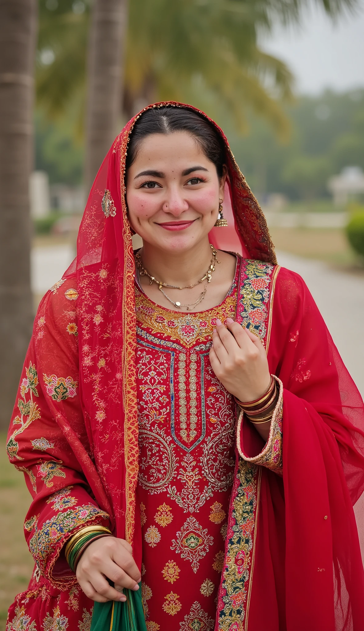 25 aged women wearing traditional Bangladeshi Three-piece dress, and smiling happily