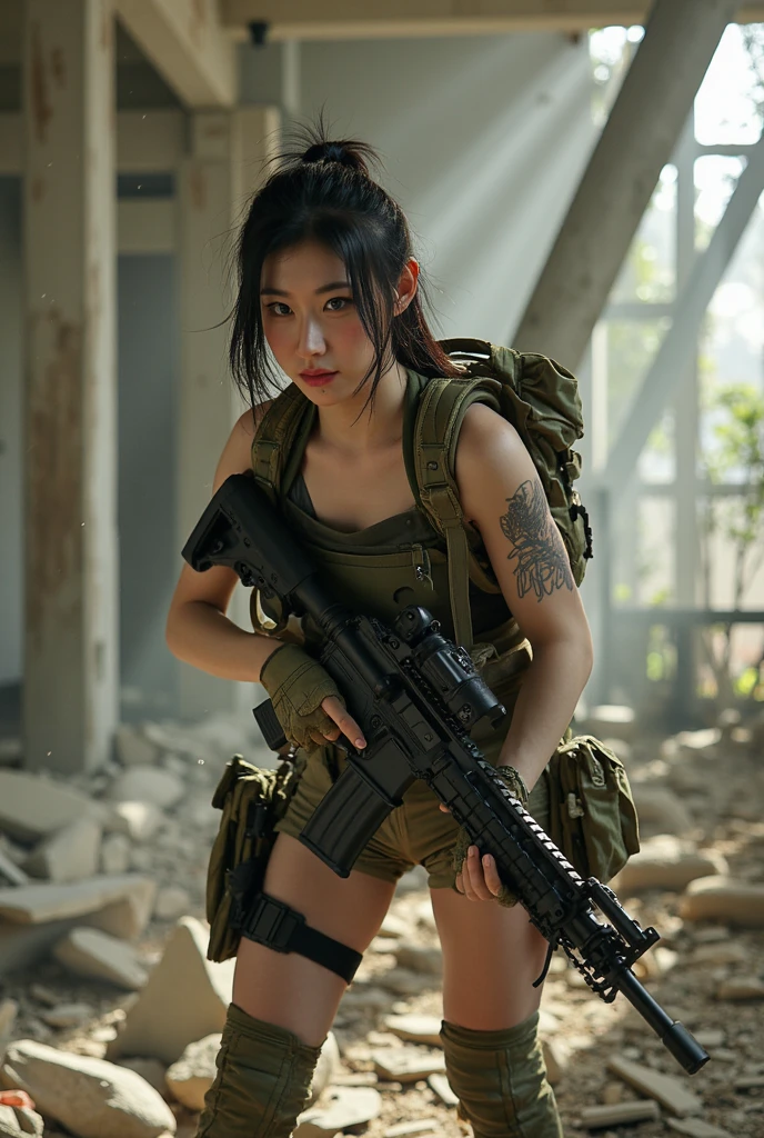 8K, realistic photo, realistic skin texture, Beautiful Japanese women in the US military、Outside a dilapidated building in a back alley、Operation End、Car buried in rubble、Automatic rifle、Bulletproof vest、backpack、boots、Covered in scars、Grim expression、Dynamic pose、Innovative composition、