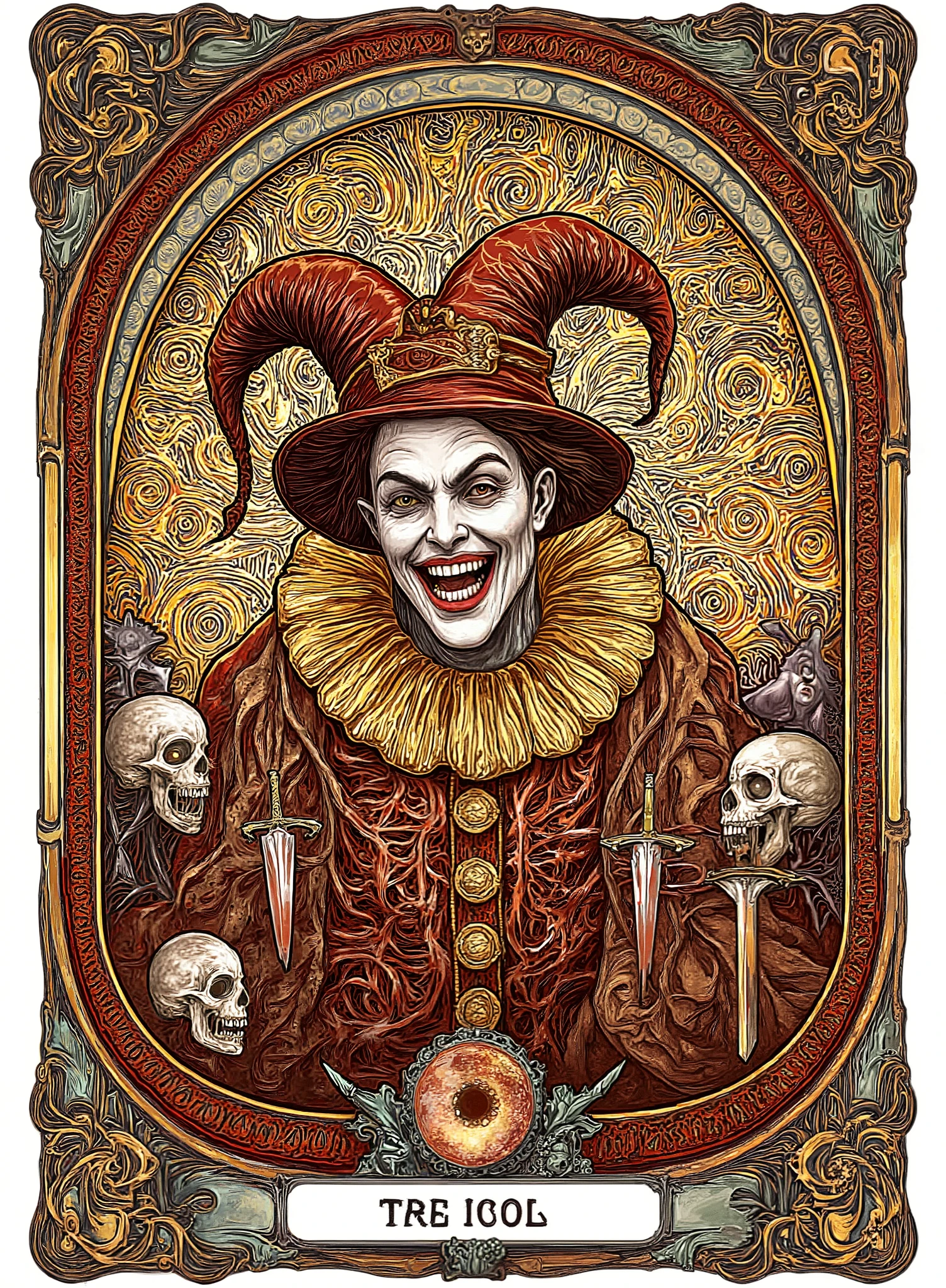 art nouveau style, a Fool character of tarot grinning like evil Text says "FOOL". Skulls, swords and a witch sphere