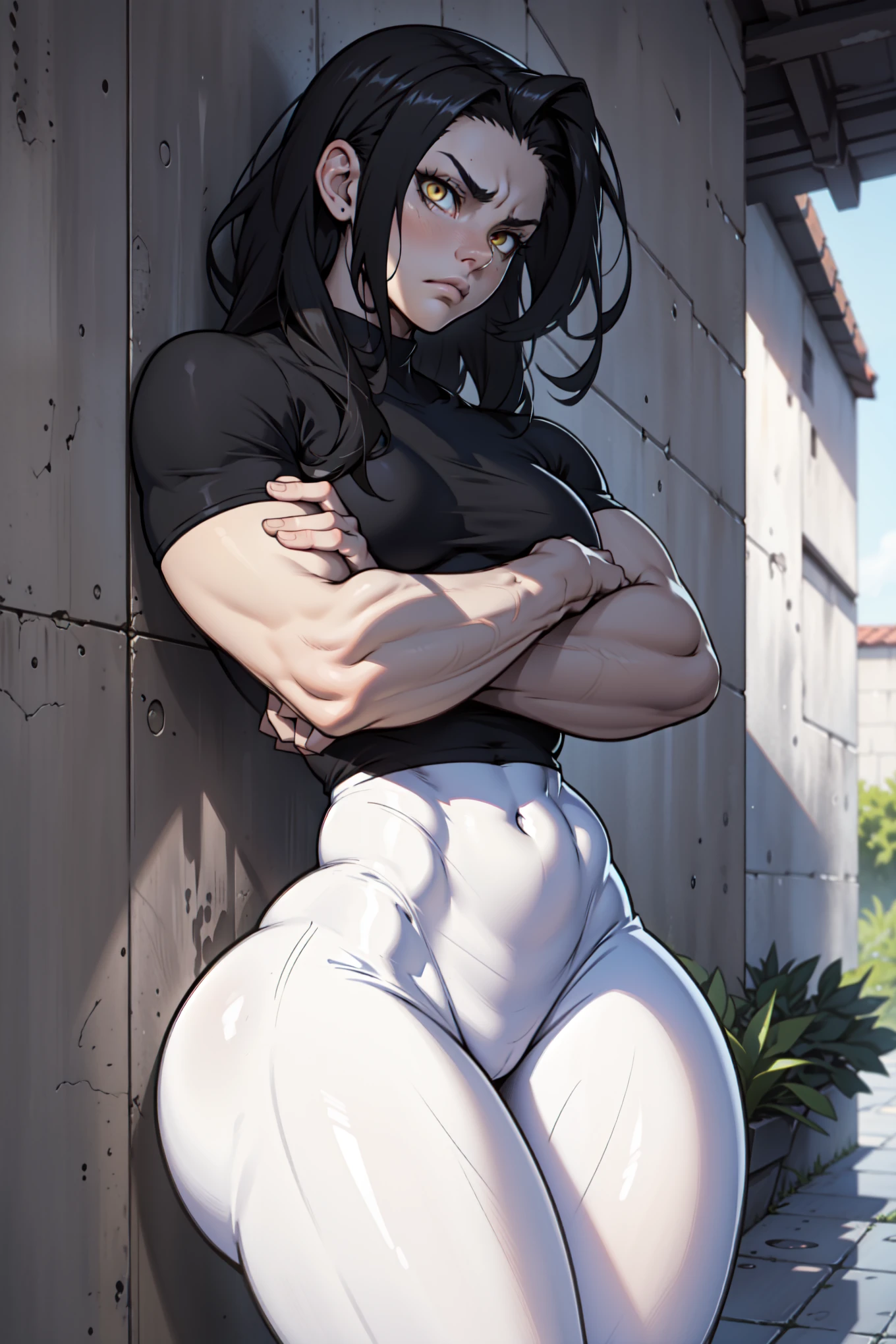 1girl muscular pale skin black hair yellow eyes black against wall  sad expressionless tight shirt leggings thick thick thick thick muscular muscular muscular muscular muscular girl dark atmosphere sad expressionless