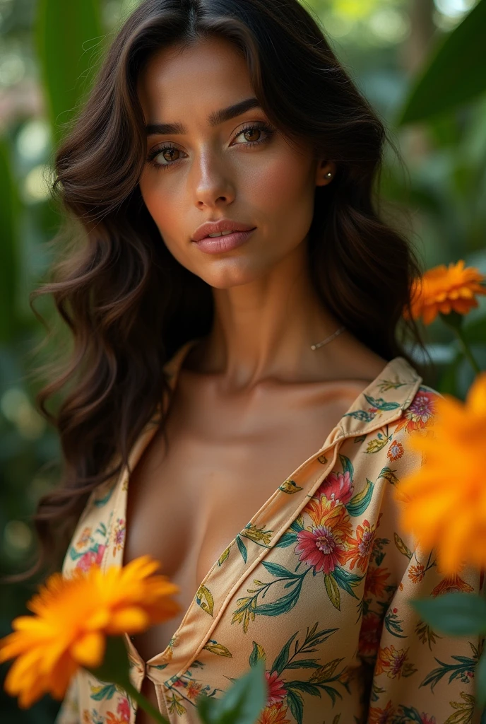 A Brazilian woman in a lush tropical garden, wearing an open shirt with a floral print, with a close-up capturing the harmonious beauty between her breasts and the natural flowers, showing off your natural charm and outgoing personality.