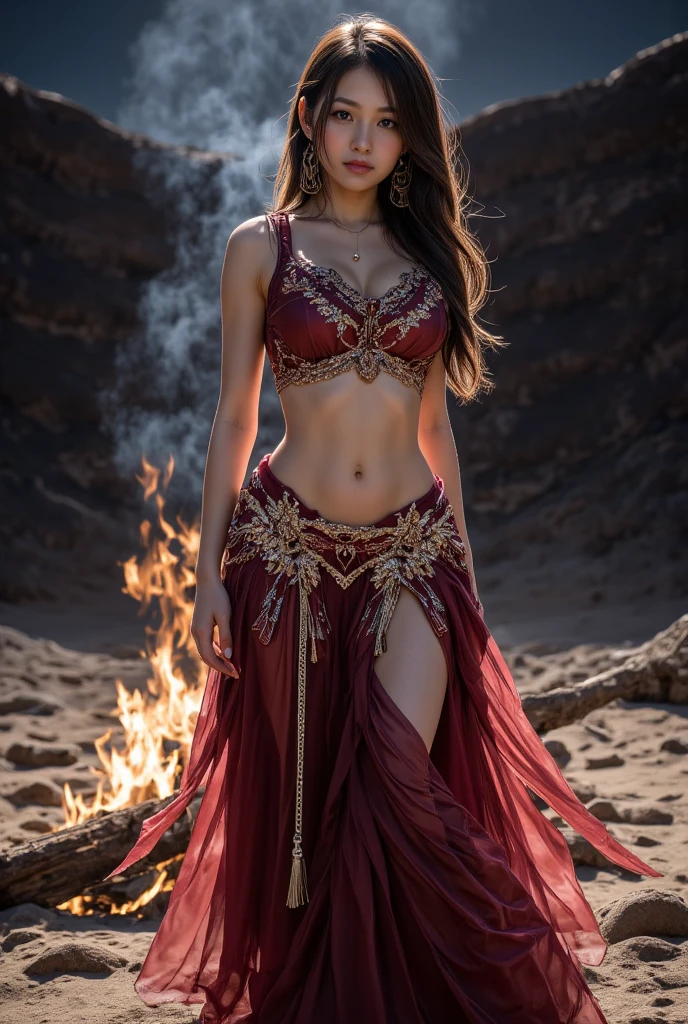 A fire sprite (cute yuna, patches of flame dance on her skin, sheer flaming dress very revealing, light red skin, deep red eyes, flame hair), seductive graceful dance, setting woods aflame