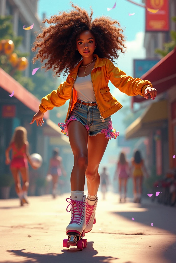 professional photo, full length body shot of a young (((ebony woman))) wondering around large city, (((perfect face))),(((detailed face))), wearing skimpy uptight silk mesh pink-orange lingerie, hyperrealistic, hyper realistic, glitter, intricate details, ultra detailed, insane details, 8k, octane render, unreal engine 5.2, global illumination, luminism, maximalism, thick thighs, (orange curly hair)
