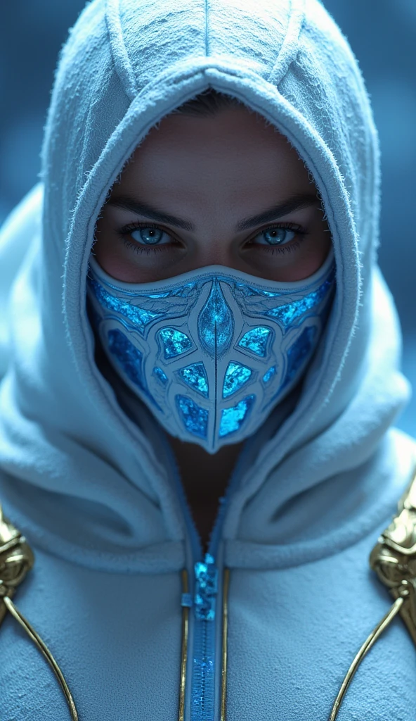 1girl, absurdres, a skeletonized woman like dota 2 hero with bits of flesh hanging off his bones, her skull is covered in icicles and frost, intricate carving, wearing a face mask, glowing eye sockets, wearing a frozen blue crown, chromatic aberration, haunted forest, cowboy shot, side shot, fully colthed