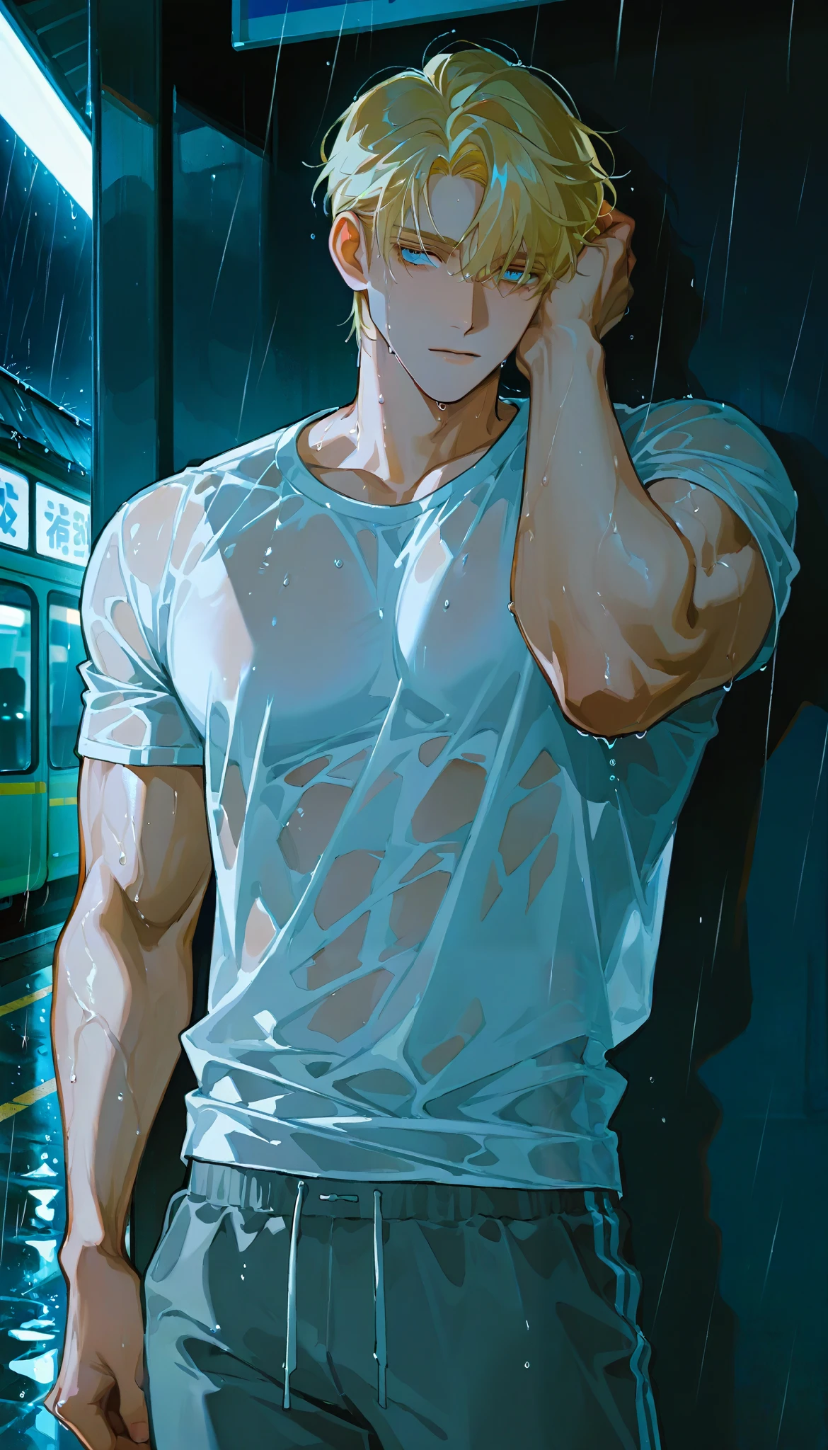1man,rain,wet,Handsome,short hair,Solo painting,white t-shirt,mature man,muscles,solo,alone,handsome,dark background,drenched,sweatpants,blond hair,blue eyes,bus station