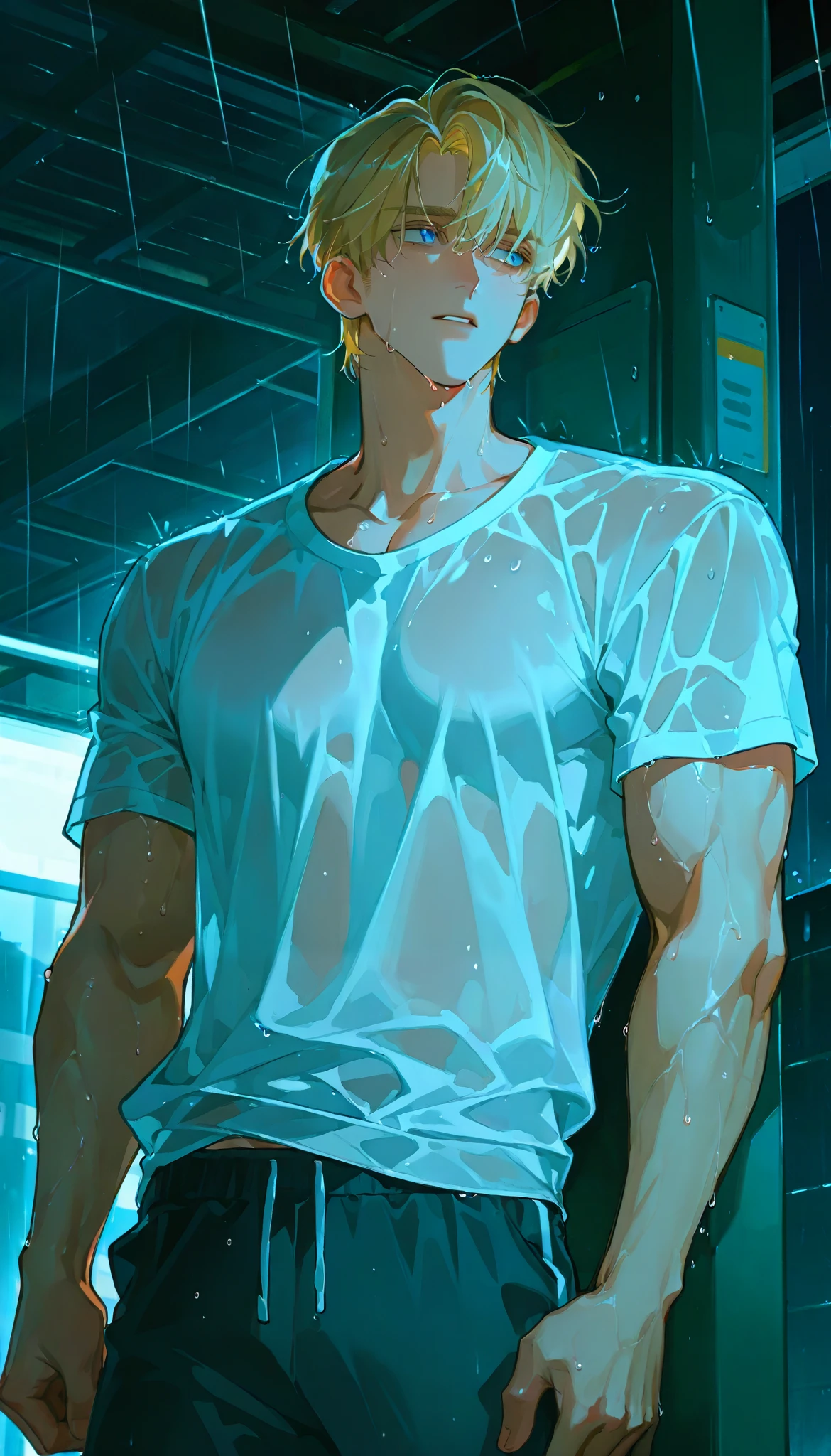 1man，rain，wet，Handsome，short hair，Solo painting，white t-shirt，mature man，muscles，solo，alone，handsome，dark background，drenched，sweatpants，blond hair，blue eyes，bus station
