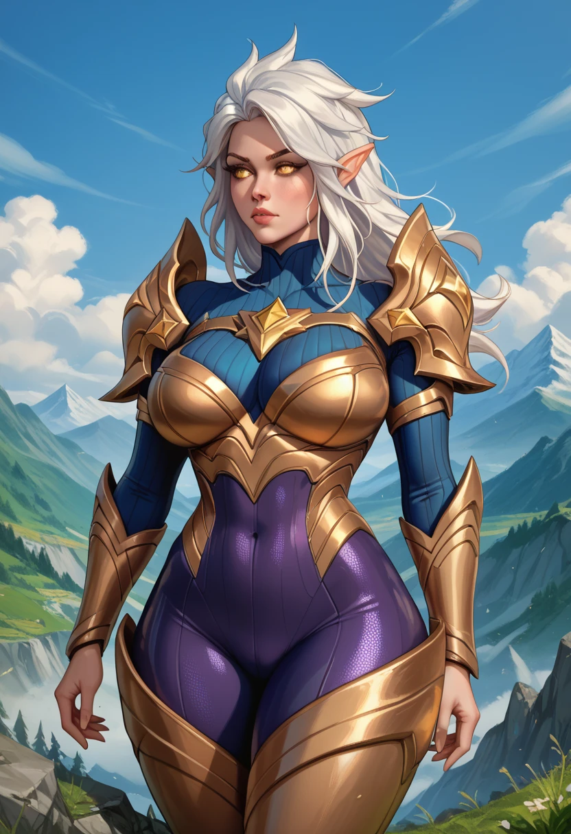 (masterpiece, best quality, 4k, detailed, intricate, realistic) female drow elf blue purple skin, whitish hair, gorget, crop top, armlet, vambraces, midriff, skirt, purple skirt, thigh boots, whitish eyes, whitish stockings and sleeves, (the empress:1.15) platinum blonde, long hair (red cape) curtain, armored dress, queen dress, aurora (sunshine, sky, river, forest) expressionless, red eyes, very long hair (art nouveau:1.2) alphonse mucha, tiara (face focus, upper body) sit (red throne:1.12) crossing legs, highly intricate details, realistic light, smile