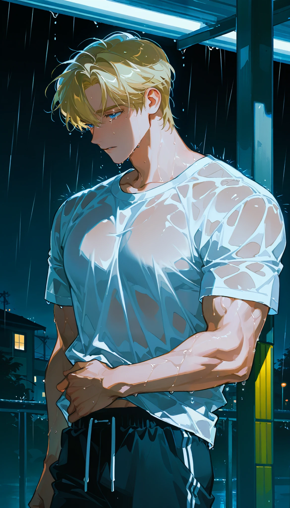 (Best Quality: 1.2), (From Side: 1.2), (Boys), (Short Blonde Hair: 1.2), (Red Eyes: 1.2), (Hands Raised Bangs), (Immediately After Rain: 0.8), (White Shirt), (Wet Clothes), (1 person)