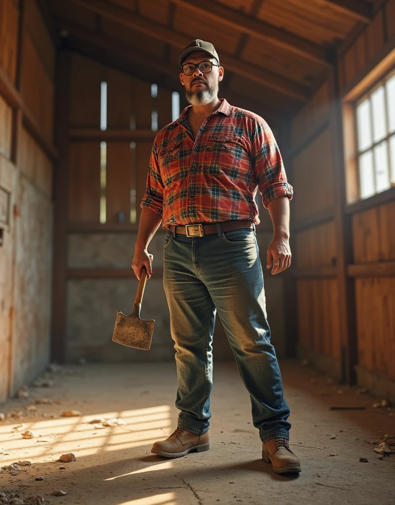 A rugged lumberjack-style man with glasses| wearing a cap| burly frame ...