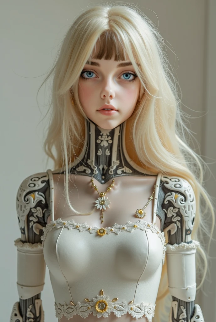 ((Highest quality, High resolution, 8k, Finer details)), ((Ball jointed doll、A body made of plaster、Realistic texture:1.5)), (Standing from the front), posing with one arm raised, alone, Female Doll, ((wearing a black corset and lace panties、show off the intricate ball joints.)), (Small breasts), shimmering glass eyes, (Detailed eyes:1.2), purple eyes that look at you、Expressionless, Semi-long blonde hair、Dramatic lighting, Sharp Tone、Inorganic background