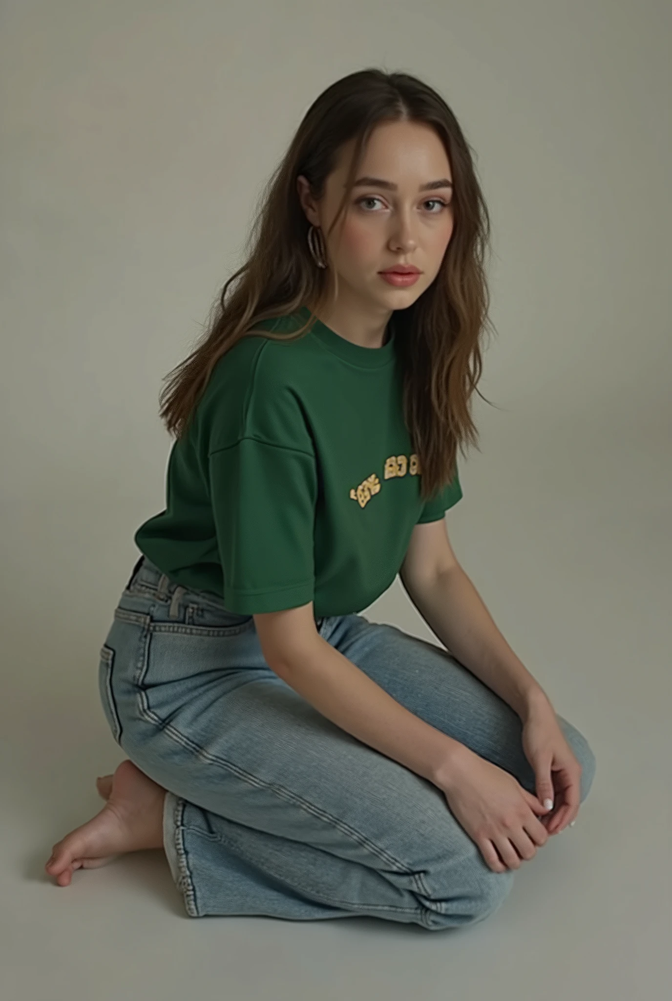 sfw, full body photo, sfw, ((angle high photo from above)), Jenna, side view or backview, ahego, there is a young arafed woman in a green shirt and jeans kneeling down, y2k style, y 2 k style, 90s style, baggy jeans, she is wearing streetwear, y 2 k fashion, wearing a baggy, woman in streetwear, 1 9 9 0 s style, she looks like a mix of grimes, as fashion editorial 90s
