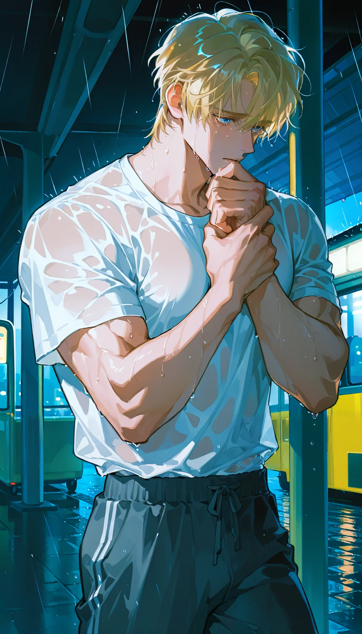 1man,rain,wet,Handsome,short hair,Solo painting,white t-shirt,mature man,muscles,solo,alone,handsome,dark background,drenched,sweatpants,blond hair,blue eyes,crying, bus station,running a hand through hair