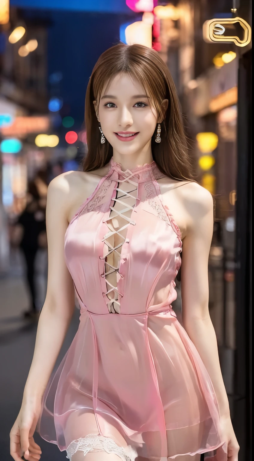 Wearing a colorful, highly detailed, extravagant dress, Highest quality, masterpiece, Ultra-high resolution, (Realistic:1.4), RAW Photos, One Girl, Off the shoulder, In the Dark, Spotlight light, Deep Shadow, Moderate, whole body, 20-year-old, Cute face, Open your mouth、smile