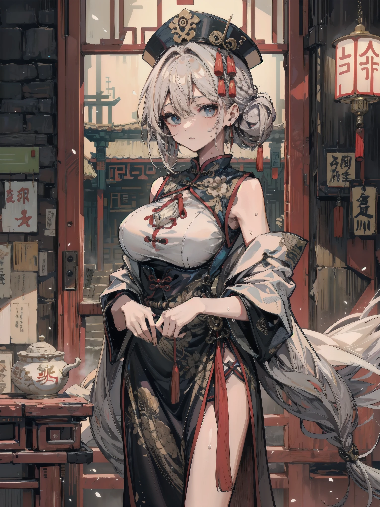 (((highly detailed, extremely detailed CG unity 8k wallpaper, illustration, highres, absurdres, beautiful detailed eyes, finely detailed breasts, highly detail hair)), ((masterpiece))
outdoors,sky,cloud,grass,
((beautiful detailed eyes)),
1girl,solo,chongqing
pov crotch,
cowboy shot,
bangs,closed mouth,medium breasts,braid,yellow eyes, white hair,double bun,breasts,
gloves, thighhighs, hair bun, elbow gloves, white thighhighs,white gloves, hair ornament, shawl,side slit, dress, braided bun, sleeveless,(floral print), pelvic curtain, skirt, red skirt, shoes, red footwear, alternate costume,braided bun, bare shoulders, braided bangs, (clothes fur trim:1.1), hair flower,china dress, china clothes
<lora:chongqing:0.6:quhuafeng>