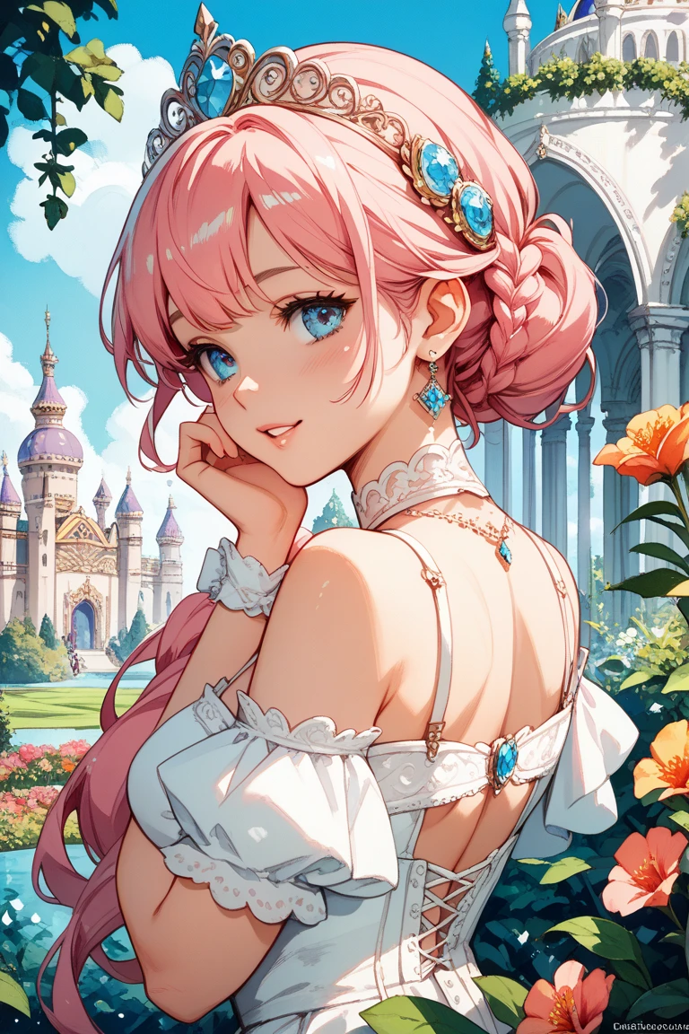 (((Ultra gorgeous  beautiful dress is rococo style gown with, hoopskirt and long hems))), (solo lady:1.2) is cute and very beautiful, (fluffy ponytail pink hair:1.2:Expressive hair:1.2:very voluminous long hair:1.2), bangs, happy smile, (()), (cowboy shot, from side view), (squat:1.2), (looking up:1.1:from above:1.1), (moe anime art style:1.2), (dutch angle:1.5), (masterpiece:1.2:ultra detailed:1.2), (an extremely delicate and beautiful:1.2), (depth of field:1.9), (blurry background:1.2), (wide variety colorful flowers:1.1), (Flowing petals:1.1), (backlighting:1.2), (light sparkles:1.1),