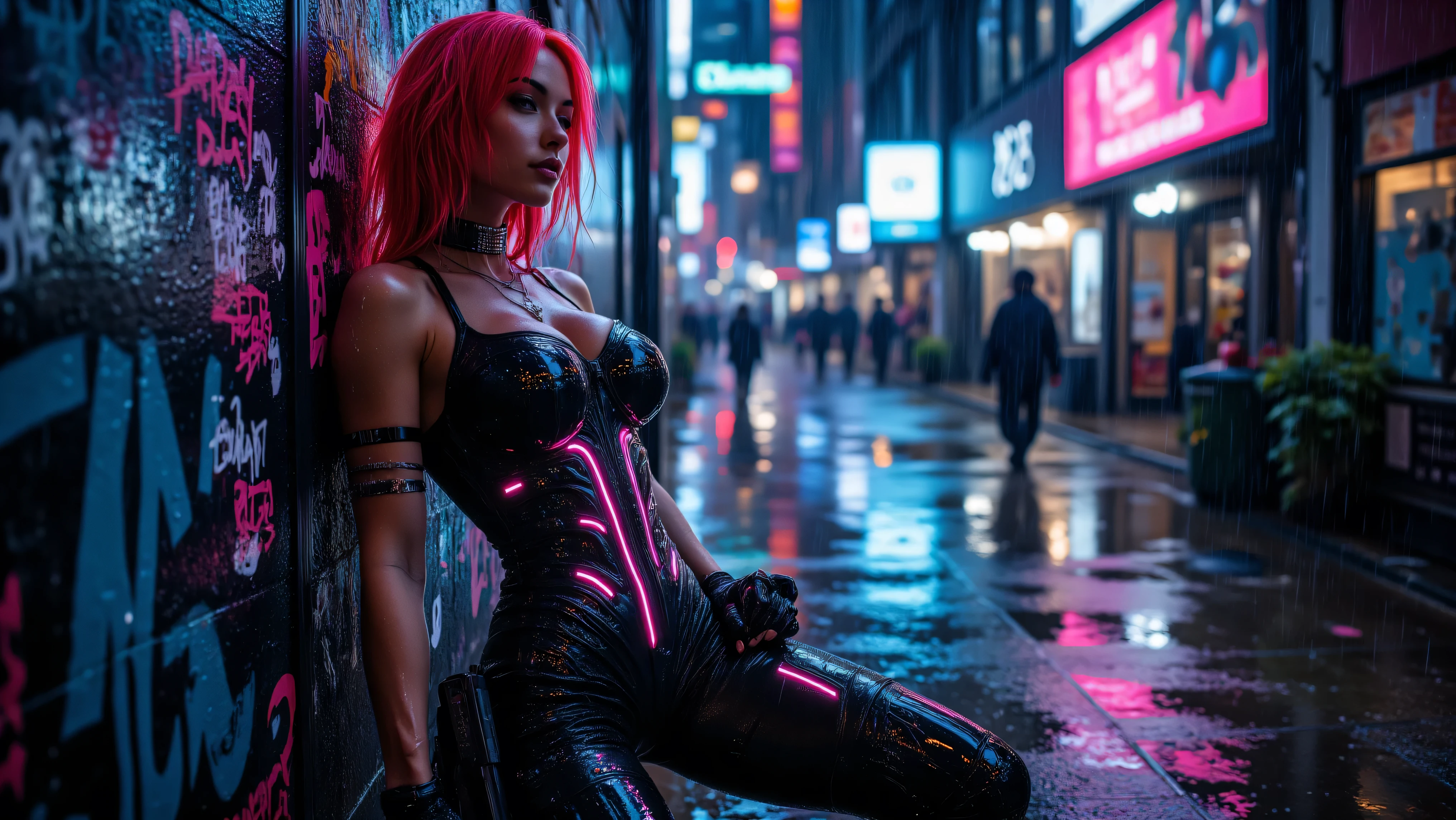 A breathtaking cyberpunk femme fatale leans against a neon-soaked alley wall, her fiery red hair cascading over her shoulders. Her high-tech, ultra-tight corset bodysuit features translucent panels with embedded LED veins that pulse with magenta light. A holstered energy pistol rests against her exposed cybernetic thigh, and a cybernetic choker glows softly at her neck. The rain-drenched cityscape behind her shimmers, as digital advertisements flicker over the graffiti-covered walls. Every detail, from the slight smirk on her lips to the way she holds her sleek cyberdeck, radiates both confidence and danger.