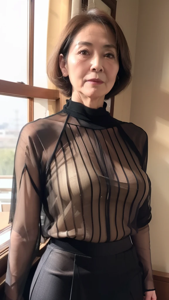 high image quality, high image quality, attention to detail , masterpiece, anatomically accurate , sharp, ((Japanese,Mature Woman)),(80 years old:1.4),(old woman:1.6),(( facial wrinkles)),(Aging and sagging body:1.4),Long light brown hair , bangs,(((stand up,))),View photographer , look straight ahead,( sheer sheer knit blouse :1.4),( tight skirt on top :1.1),Inside the warehouse,( serious expression:1.3), Middle-aged obesity ,(Long face:1.2),(Ordinary housewife:1.3),