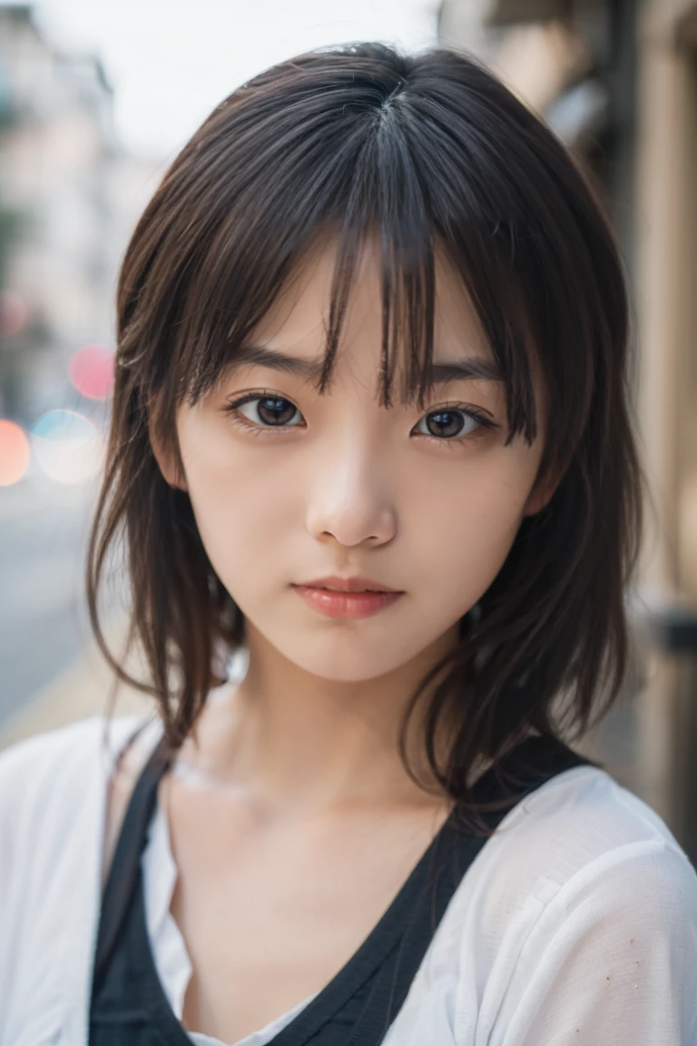 ((best quality:1.4)), (masterpiece:1.4), (realistic:1.4), Lens: 135mm f1.8, ((super detailed)), (8k:1.2),  photos, ((Beautiful  girl)),  Realistic skin with attention to detail , ( Moist strip), Narrow eyes, viewers,face up、 Yan in focus、realistic skin、freckles
