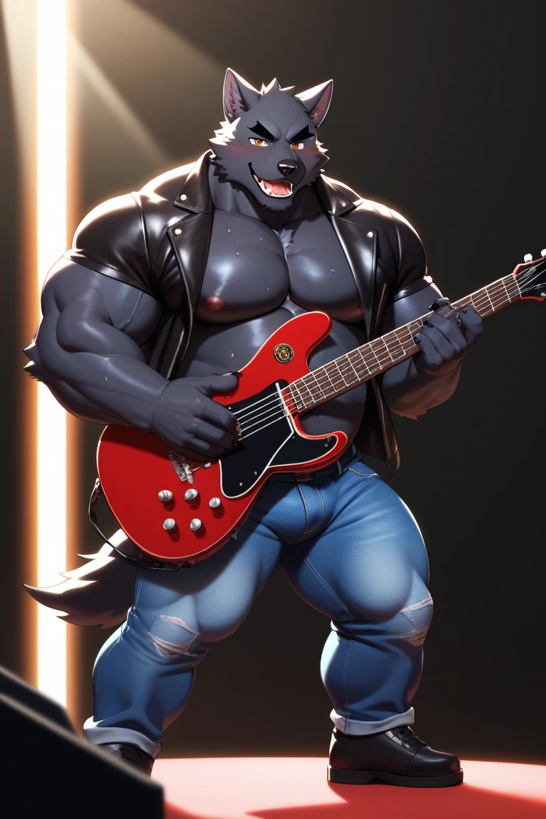 Create an image of a muscular ((panda furry)) playing an electric guitar on a stage. The panda should have a muscular build and (wear a leather vest or jacket). The fur should be black and white with defined muscles visible through the fur.
The panda should be shown playing a sleek black electric guitar with a white pickguard, plugged into a stack of speakers on the stage. The guitar should be distorted with a rock and roll feel. The panda should be captured mid-performance with its eyes closed and its head tilted back, lost in the music.
The stage should be set with a spotlight shining on the panda and with a crowd of cheering fans in the background. The fans can be depicted as other anthropomorphic animals or humans. The background can be a dark and moody stage setting with smoke or fog to create a rock and roll feel. The panda’s muscular build should be emphasized, with defined muscles visible in its arms and chest as it rocks out on the guitar.