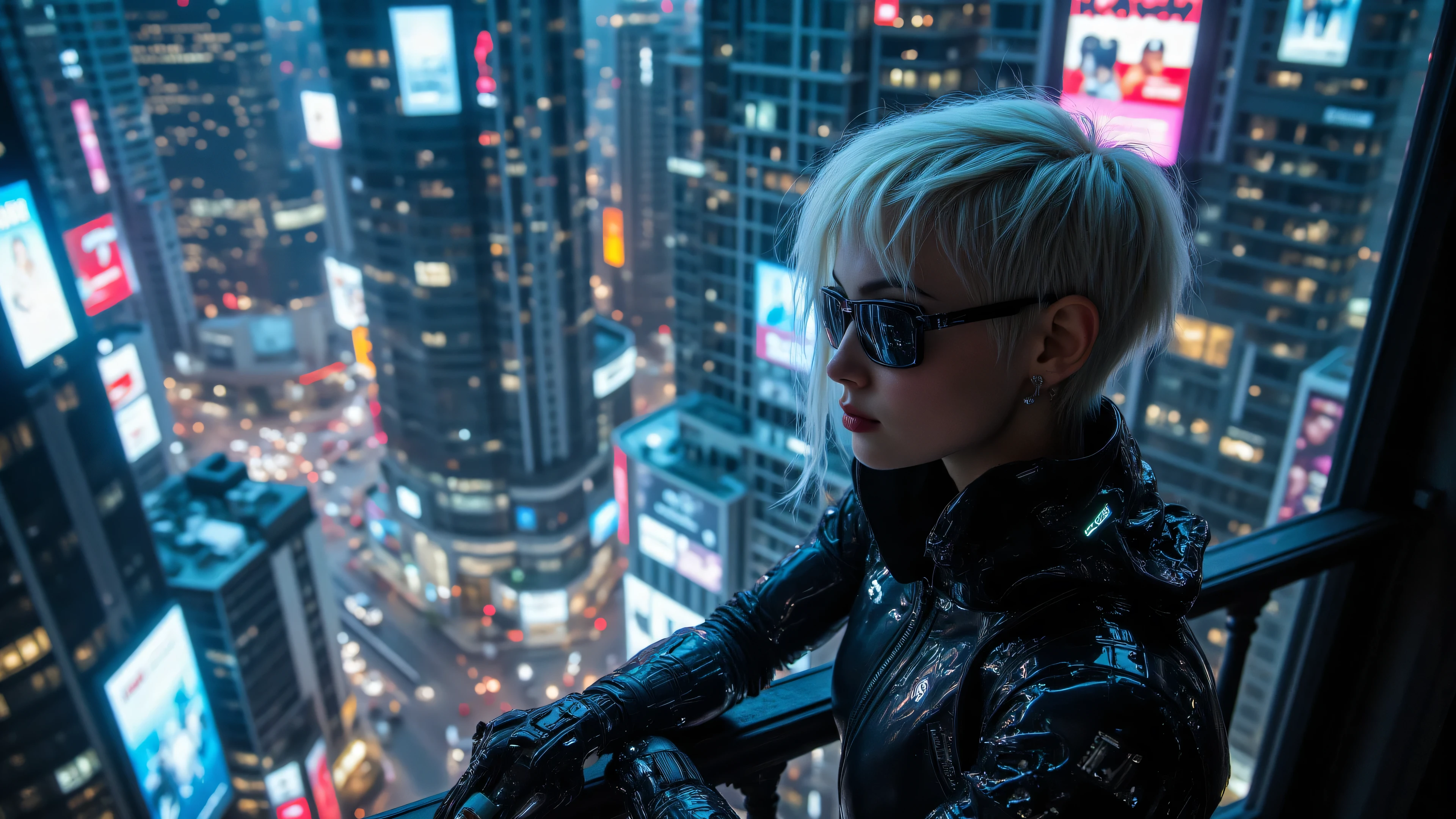 A young woman with short, undercut platinum-blonde hair leans against the railing of a high-rise balcony, overlooking the chaotic neon sprawl of Night City. She wears a form-fitting, high-tech jacket with glowing circuitry embedded in the fabric, and a pair of sleek, cybernetic-enhanced sunglasses rest on her nose. . Behind her, holographic billboards flicker with shifting advertisements, while the distant hum of flying vehicles echoes through the towering buildings.