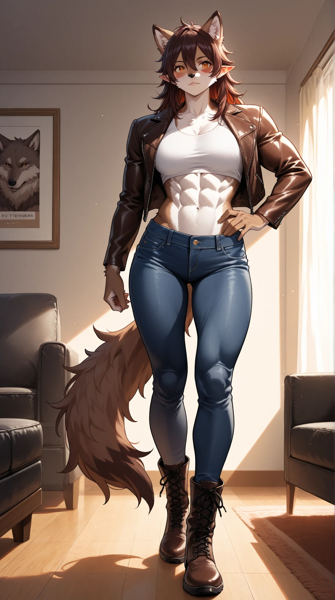 Skye from Paw Patrol, as a female lycanthrope, anthro, mature adult, muscular, tomboy, tall, massive female, long fluffy curly orange hair, magenta iris, standing, serious, solo, beautiful, high quality, 4K