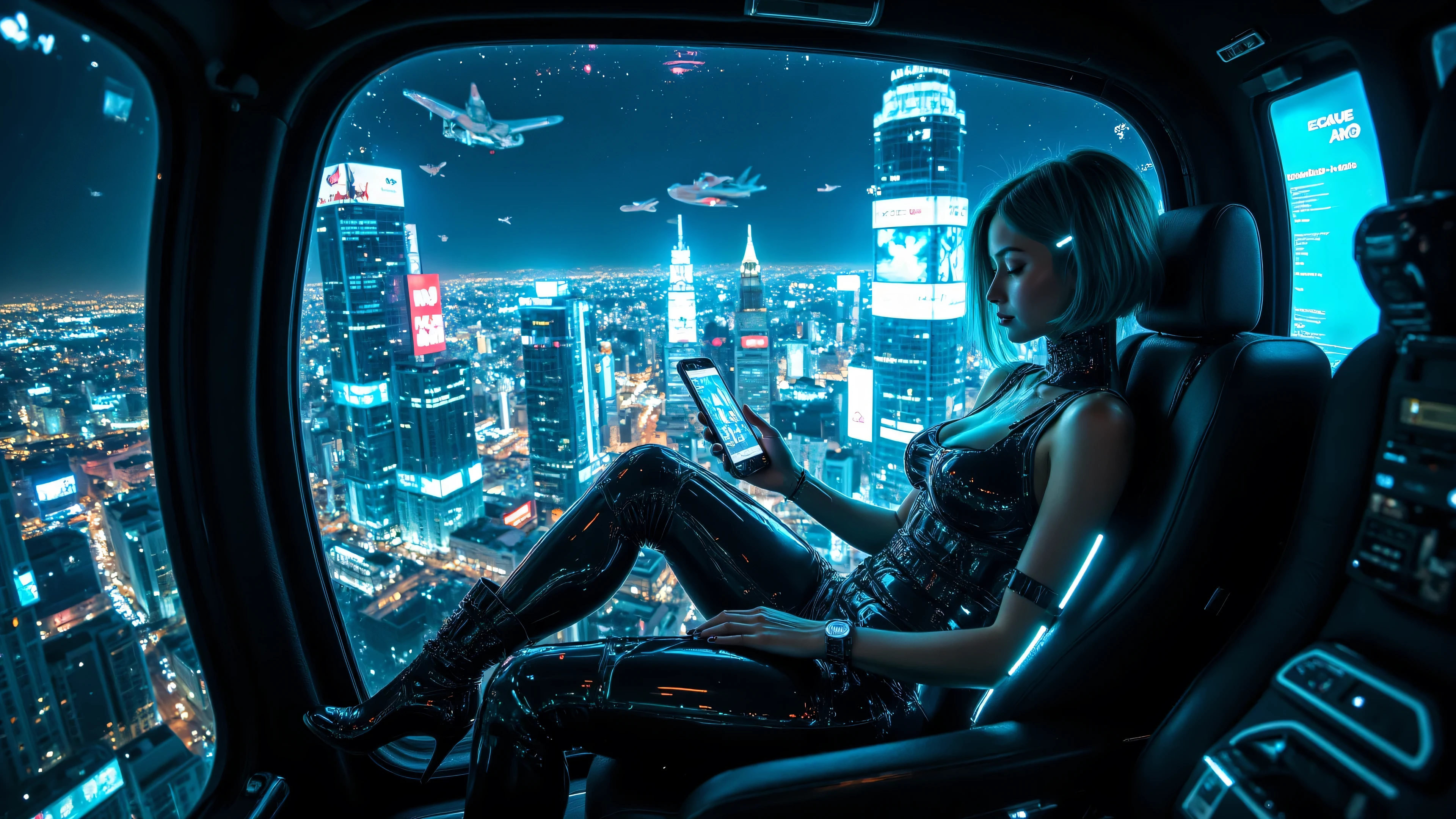 A stylish woman with asymmetrical teal-blue hair reclines in the plush seat of a self-driving hover taxi, its transparent walls giving her a panoramic view of the neon skyline. Her outfit, a minimalist yet futuristic jumpsuit with embedded light panels, subtly pulses in sync with the rhythmic hum of the city outside. She absentmindedly scrolls through a holographic interface projected from her wrist, her reflection merging with the vibrant neon advertisements flashing past the window. The city below stretches endlessly, a dazzling labyrinth of glowing towers and flying traffic.