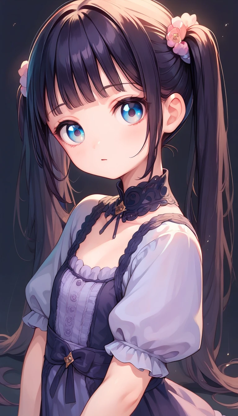 Innocence, Dark green hair, Twin tails, Put your arms behind your back, White Dress, Black waist tie, girl,blue eyes,