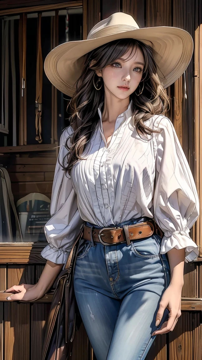 optimal quality,masterpaintings,ultra-high-resolution,(fidelity:1.4),Original photo,A small town in the American West in the 18s,Western denim style,Air bangs,1 young girl,waist belt,Whip,Loose white shirt,Cowboy hat,Denim pants, ponytailhair, curtained hair, side swept bangs, aqua eyes,