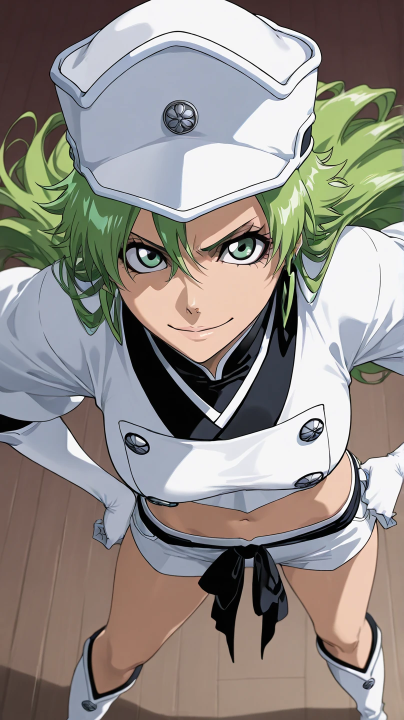 candice,bleach
High quality ,  best quality , masterpiece,  High Resolution , detailed face( LoRA: candice),anatomically correct, detailed hair Style( LoRA: candice),anime Coloring
solo, 1 girl,cool
, long hair, green hair, green eyes,
, crop top, short shorts, elbow gloves, white headwear, boots
looking at viewer ,close up,upper body,from above
, Japanese-style room
 ,, smile
