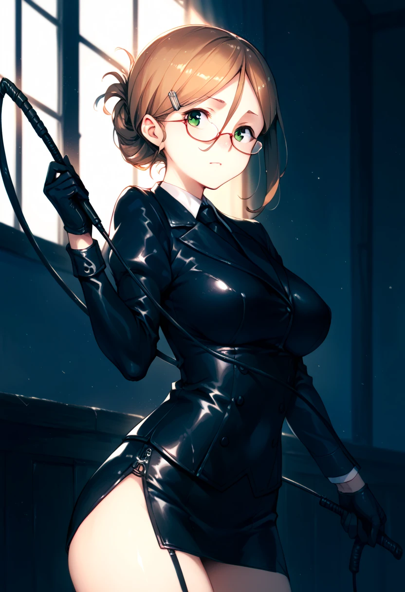 (Woman),(Blonde drill hairstyle),(in a black tactical sleeveless bodysuit with a belt and holster),(spectacled),(in black thigh-high boots), (in black long gloves),(Standing in the locker room), Delicate and beautiful details, (Eye details), (very detailed illustration)