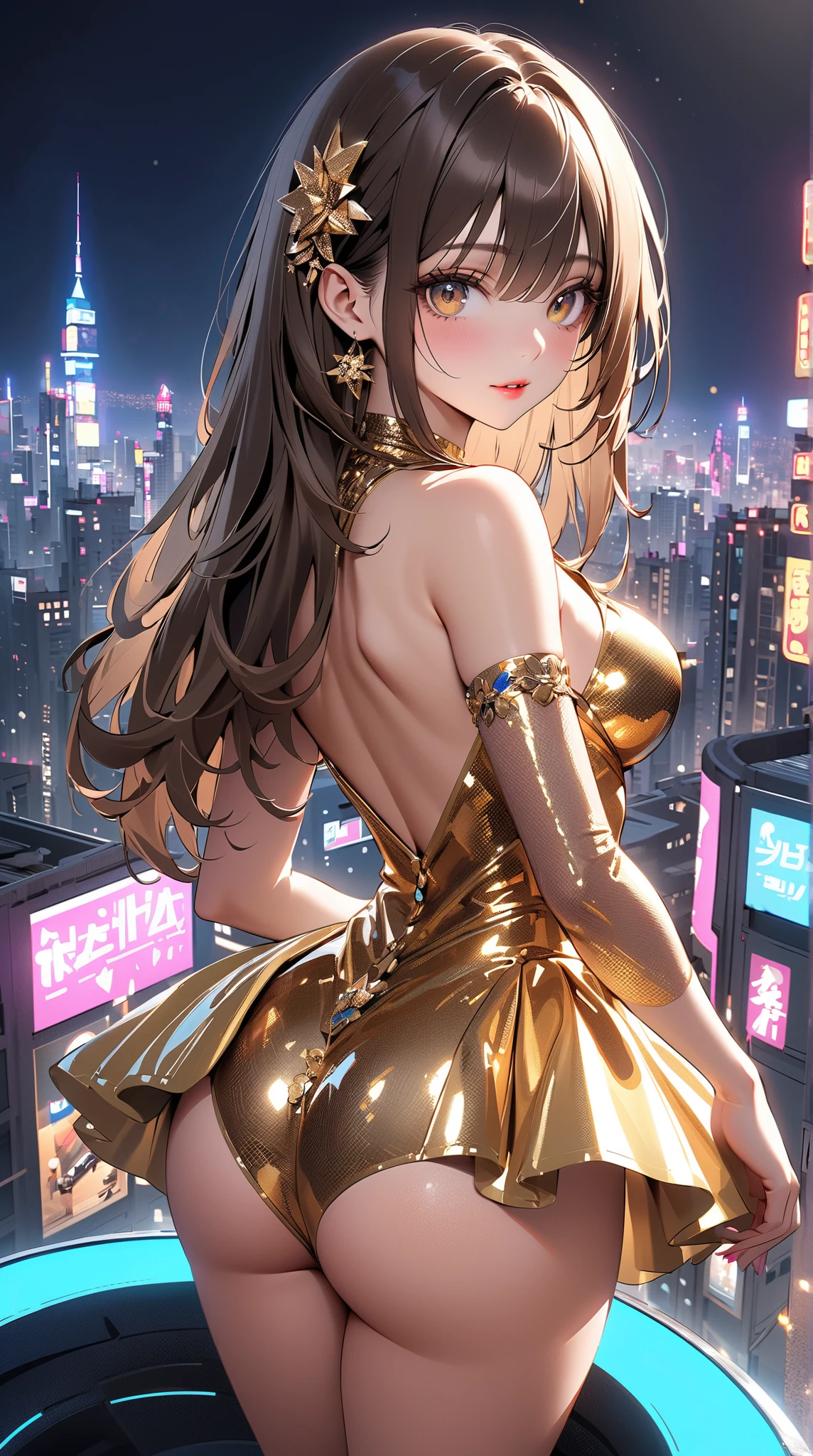 Straight Hair、Brown Hair,((Highly detailed golden sexy dress)), Looks about 17 years old, (beautiful girl: 1.3),1girl,Highest quality,8k,Highly detailed CG unit wallpaper,masterpiece:1.2,Highest quality,Ultra-high resolution,RAW Photos,Realistic textured skin,Cinema Lighting,happy,Big eyes,Detailed eyes,Glossy lipstick,Perfect Makeup,Ultra-high definition beauty face,Huge building,Metropolis,voluptuous,(Big, round and beautifully shaped butt),(Standing on the rooftop of a skyscraper in Cyber City),(Panoramic View),night,Detailed neon lights,time hourglass