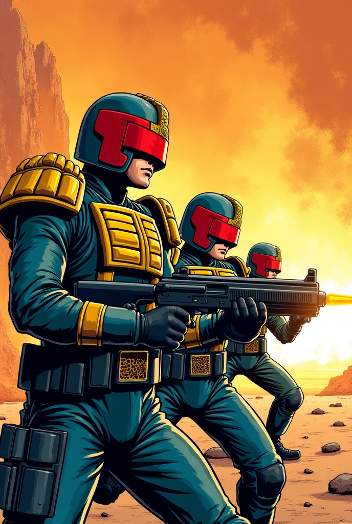 make uniformed soldiers like Judge Dredd being shot, draw the projectiles being fired , one of the soldiers being hit in the chest . The other soldiers shooting . Make the image in comic book format